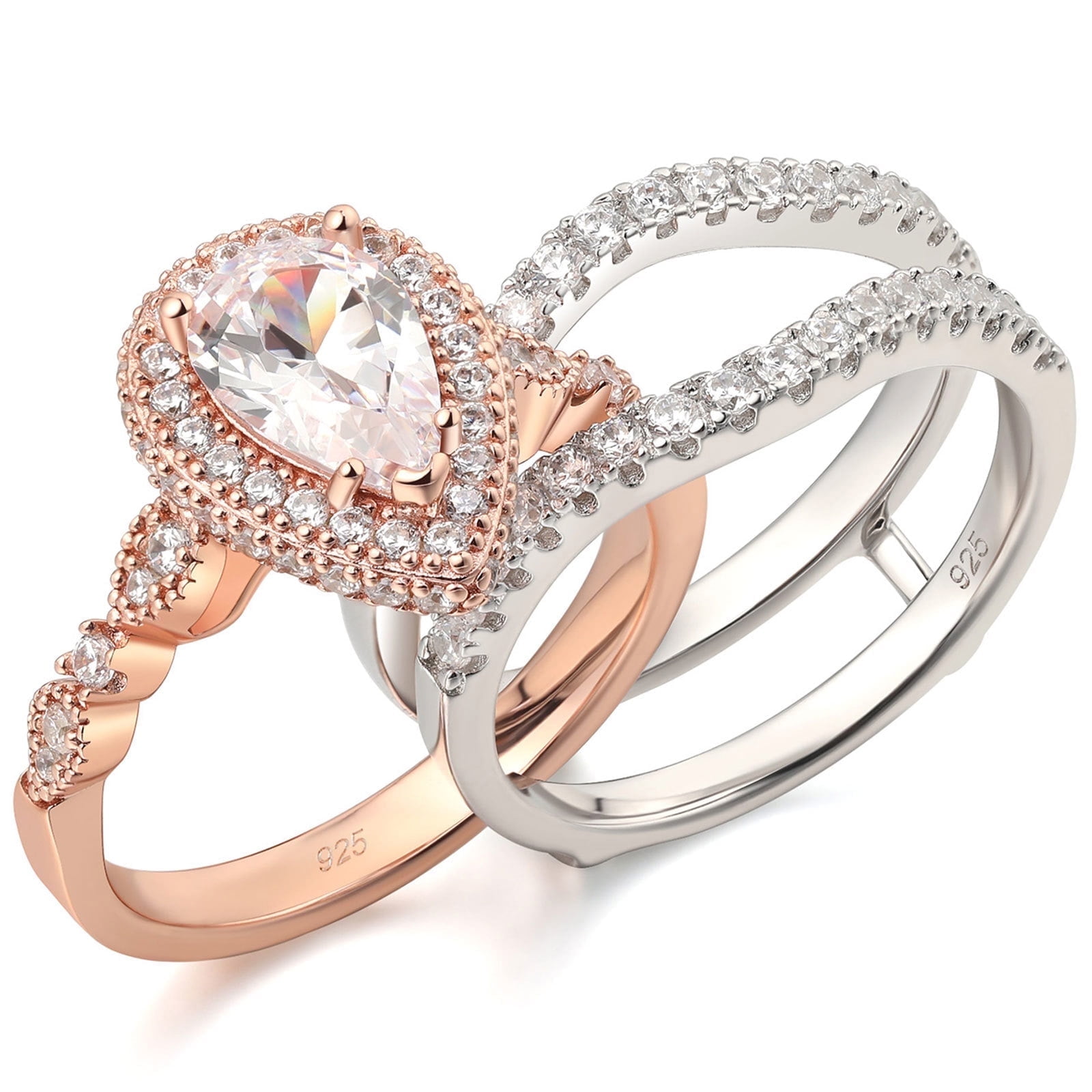 Newshe Jewellery Wedding Rings for Women Bridal Ring Enhancer Engagement Ring 3Ct Pear Rose Gold 925 Sterling Silver 5A Cz Size 5.5