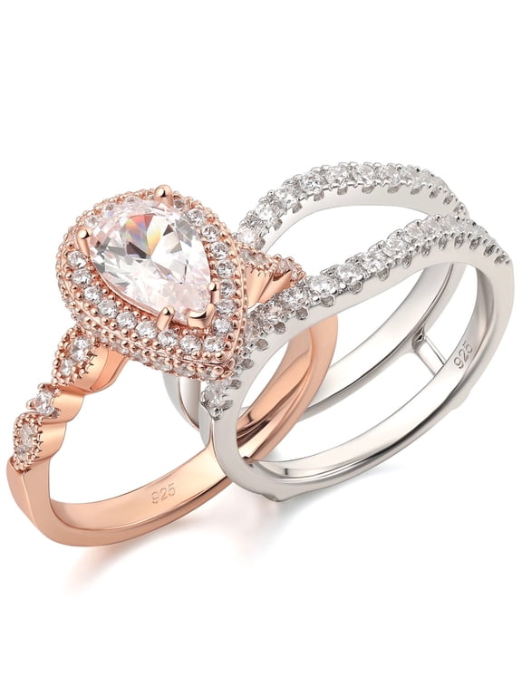 Wedding Rings for Women Bridal Ring Enhancer Engagement Ring 3Ct Pear Rose Gold 925 Sterling Silver 5A Cz Size 7