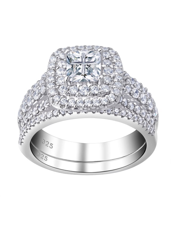 Wedding Rings for Women Princess Engagement Ring Sets 925 Sterling Silver 1.7Ct Cross Cz Size 6.5