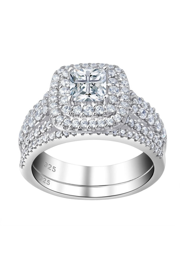 Wedding Rings for Women Princess Engagement Ring Sets 925 Sterling Silver 1.7Ct Cross Cz Size 7