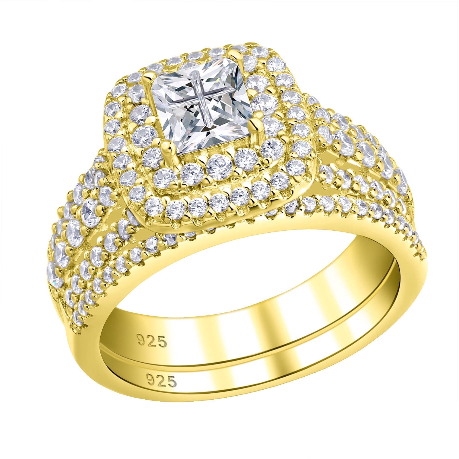 Newshe Jewellery Wedding Rings for Women Princess Engagement Ring Sets 925 Sterling Silver 1.7Ct Cross Yellow Gold Cz Size 8