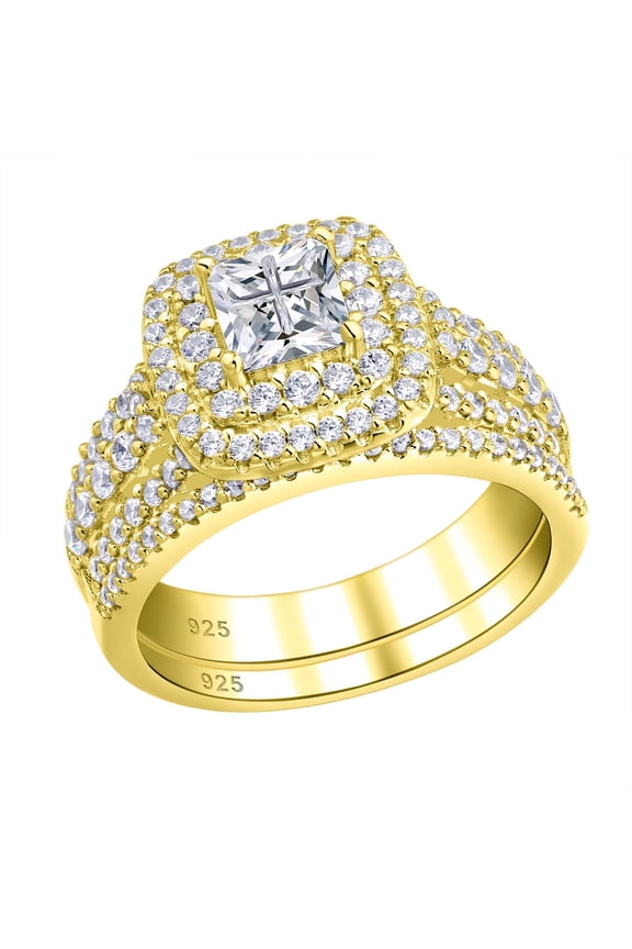 Wedding Rings for Women Princess Engagement Ring Sets 925 Sterling Silver 1.7Ct Cross Yellow Gold Cz Size 9