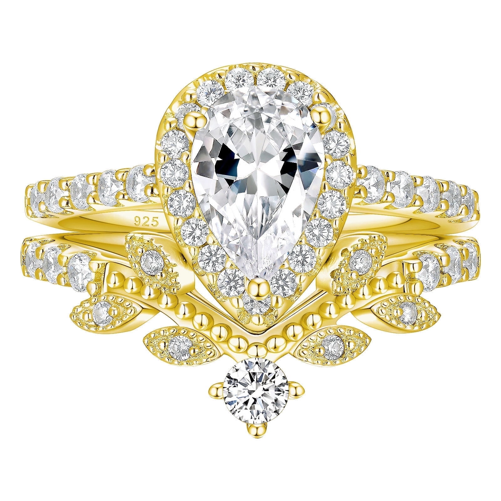 Newshe Jewellery Wedding Rings for Women Vintage 925 Sterling Silver Pear Shaped Yellow Gold Cz Bridal Set Size 6
