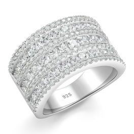 Domed Band Three Row Cubic Zirconia Ring Rhodium on Sterling Silver Nontarnish