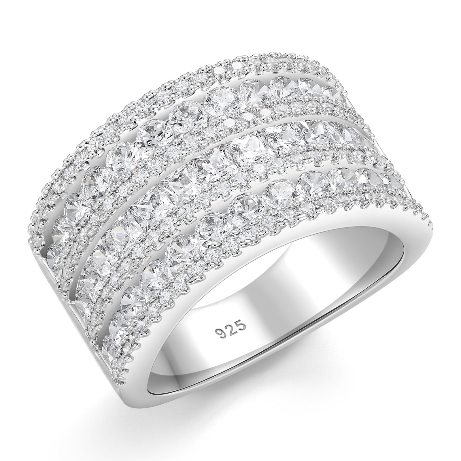 Newshe Jewellery Wide Wedding Bands for Women 18K White Gold Plated 3 Row Round Princess Cut AAAAA Cubic Zirconia Eternity Stackable Fashion Cocktail Rings Size 5