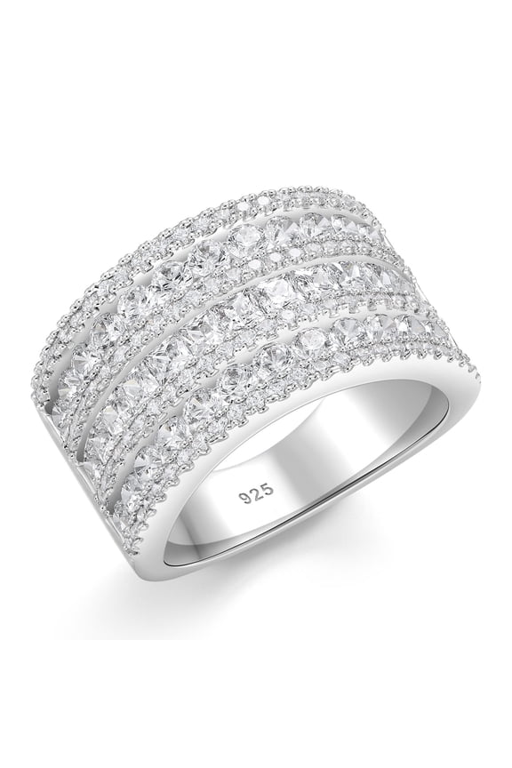 Wide Wedding Bands for Women 18K White Gold Plated 3 Row Round Princess Cut AAAAA Cubic Zirconia Eternity Stackable Fashion Cocktail Rings Size 7