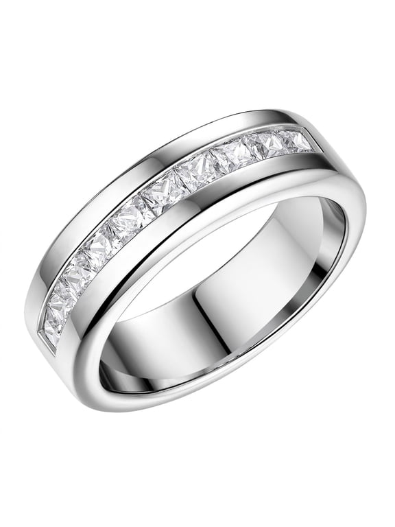 1Ct Men Wedding Bands Princess Cut Promise Rings for Him White Gold Plated AAAAA Cubic Zirconia Size 9