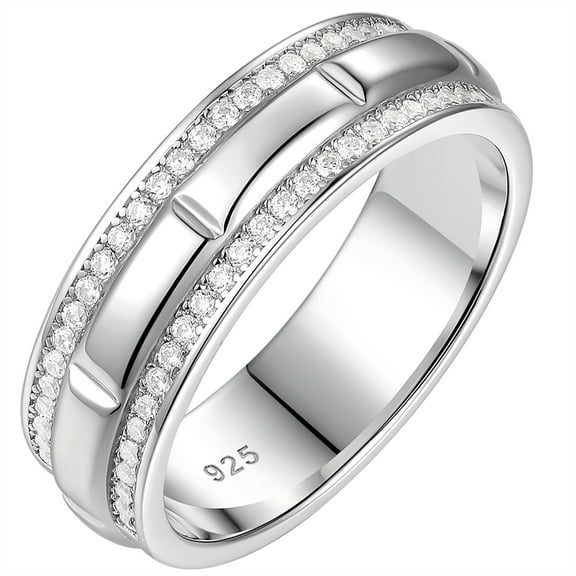 Newshe Mens Wedding Ring Band 925 Sterling Silver With Double Row Round Cut Cubic Zirconia Promise Ring For Him Size 9