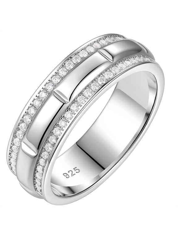 Newshe Mens Wedding Ring Band 925 Sterling Silver With Double Row Round Cut Cubic Zirconia Promise Ring For Him Size 9