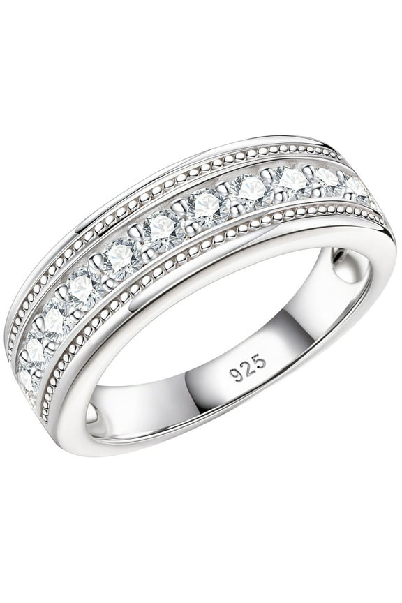 Newshe Mens wedding Bands 925 Sterling Silver Men Rings Wedding Band for Him 1ct Round Cubic Zirconia Promise Rings For Him Size 8