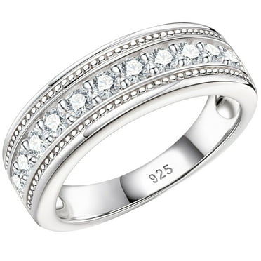 Newshe Mens wedding Bands 925 Sterling Silver Men Rings Wedding Band for Him 1ct Round 5A Cubic Zirconia Promise Rings For Him Size 9