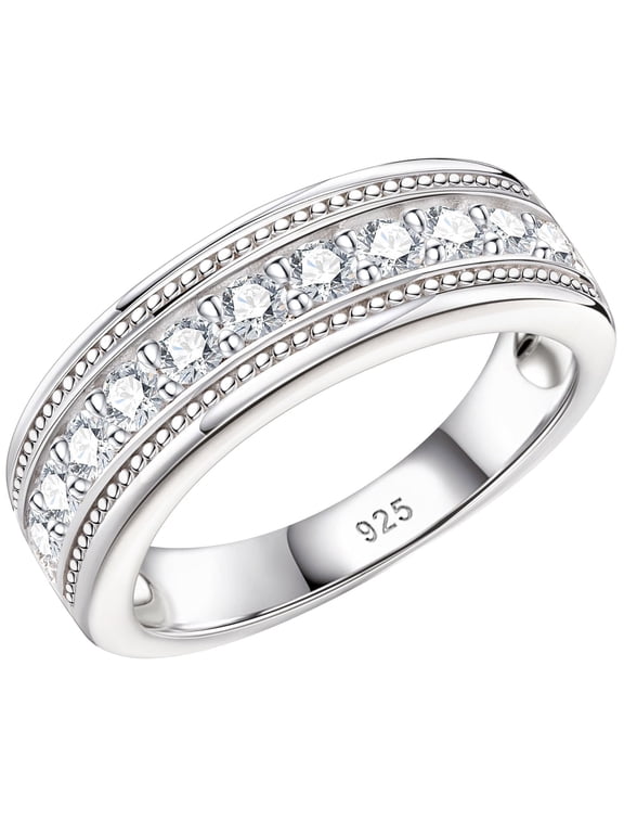 Newshe Mens wedding Bands 925 Sterling Silver Men Rings Wedding Band for Him 1ct Round Cubic Zirconia Promise Rings For Him Size 9
