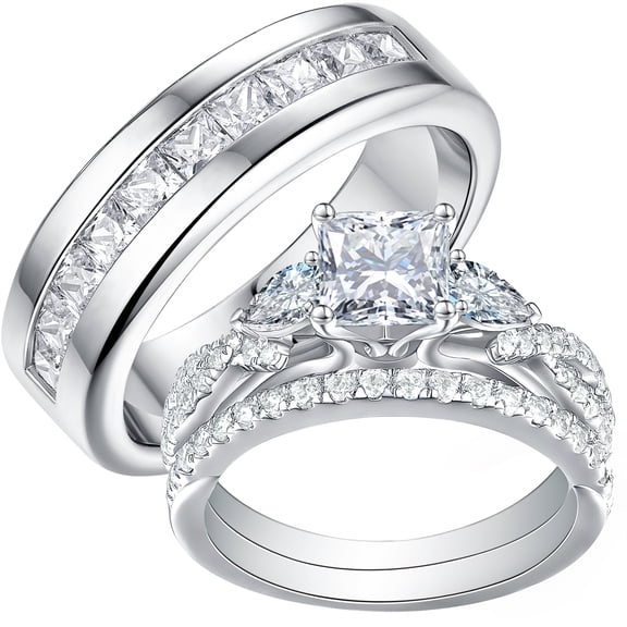 Newshe Bridal Rings Set for His and Her Princess Couple Rings Moissanite Men Wedding Band White Gold Plated Size 7&9