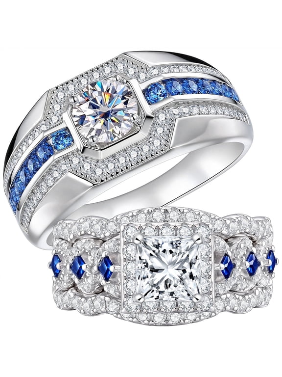 Newshe Moissanite Wedding Rings Set for His and Hers Blue Couple Rings 18K White Gold Plated for Women and Mens Size 6&9