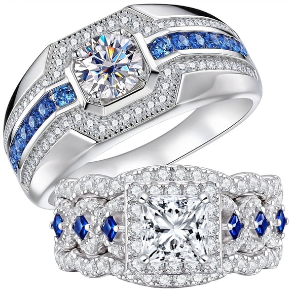 Newshe Moissanite Wedding Rings Set for His and Hers Blue Couple Rings 18K White Gold Plated for Women and Mens Size 7&9