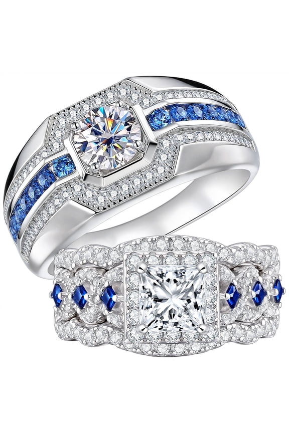 Newshe Moissanite Wedding Rings Set for His and Hers Blue Couple Rings 18K White Gold Plated for Women and Mens Size 8&11