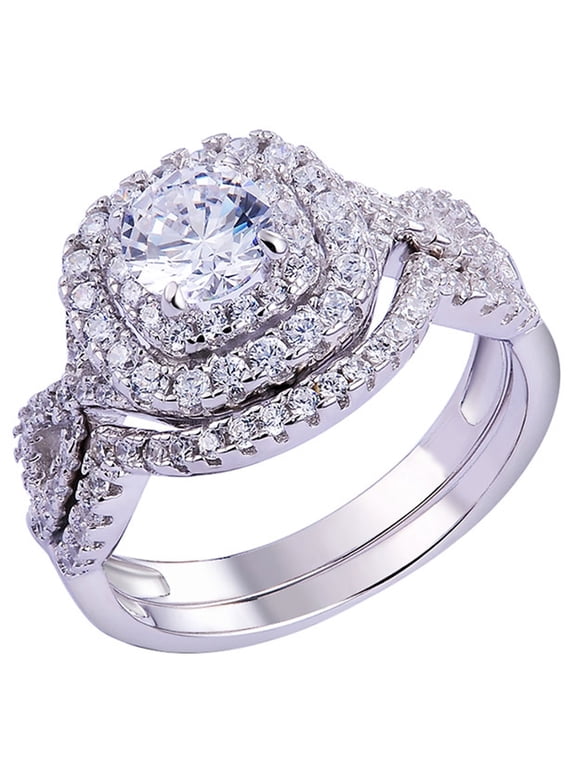 Newshe 1.8Ct Wedding Band Engagement Ring Set for Women Double Halo Bridal Rings Round CZ White Gold Plated Size 6