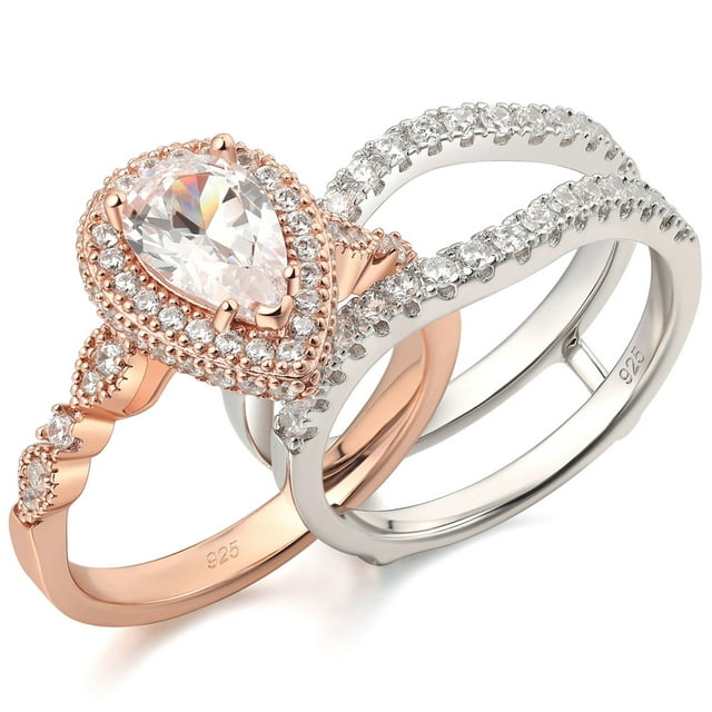 Newshe Wedding Bridal Band Ring Enhancer Engagement Ring Set for Women 925 Sterling Silver 3Ct Pear Rose Gold 5A Cz Size 8