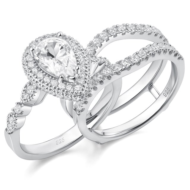 Newshe Bridal Band Set, 925 Sterling Silver, 3Ct Pear White Gold, AAAA