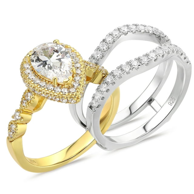 Newshe Wedding Bridal Band Ring Enhancer Engagement Ring Set for Women 925 Sterling Silver 3Ct Pear Yellow Gold 5A Cz Size 7.5