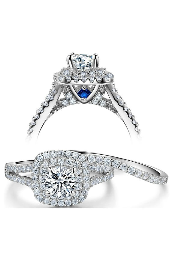 Newshe Wedding Engagement Ring Set 925 Sterling Silver 2ct Round Created Blue Sapphire White Cz Size 9.5