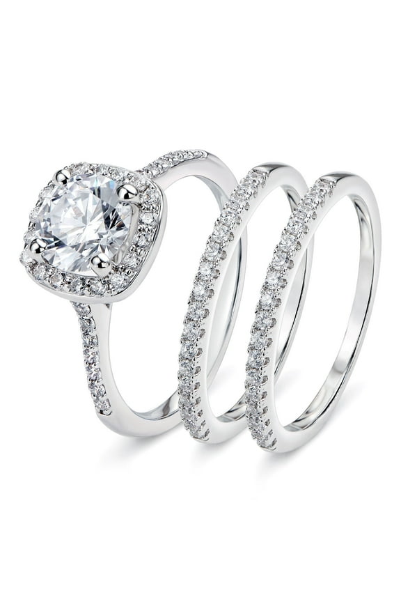 Wedding Ring Set For Woman Silver Engagement Rings Halo Cz Round 5A Size 9