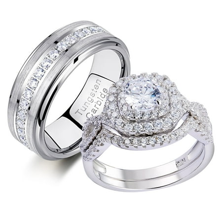 Newshe Wedding Ring Sets For His and Hers Promise Couples Rings Tungsten Wedding Bands White Cz Size 10&9