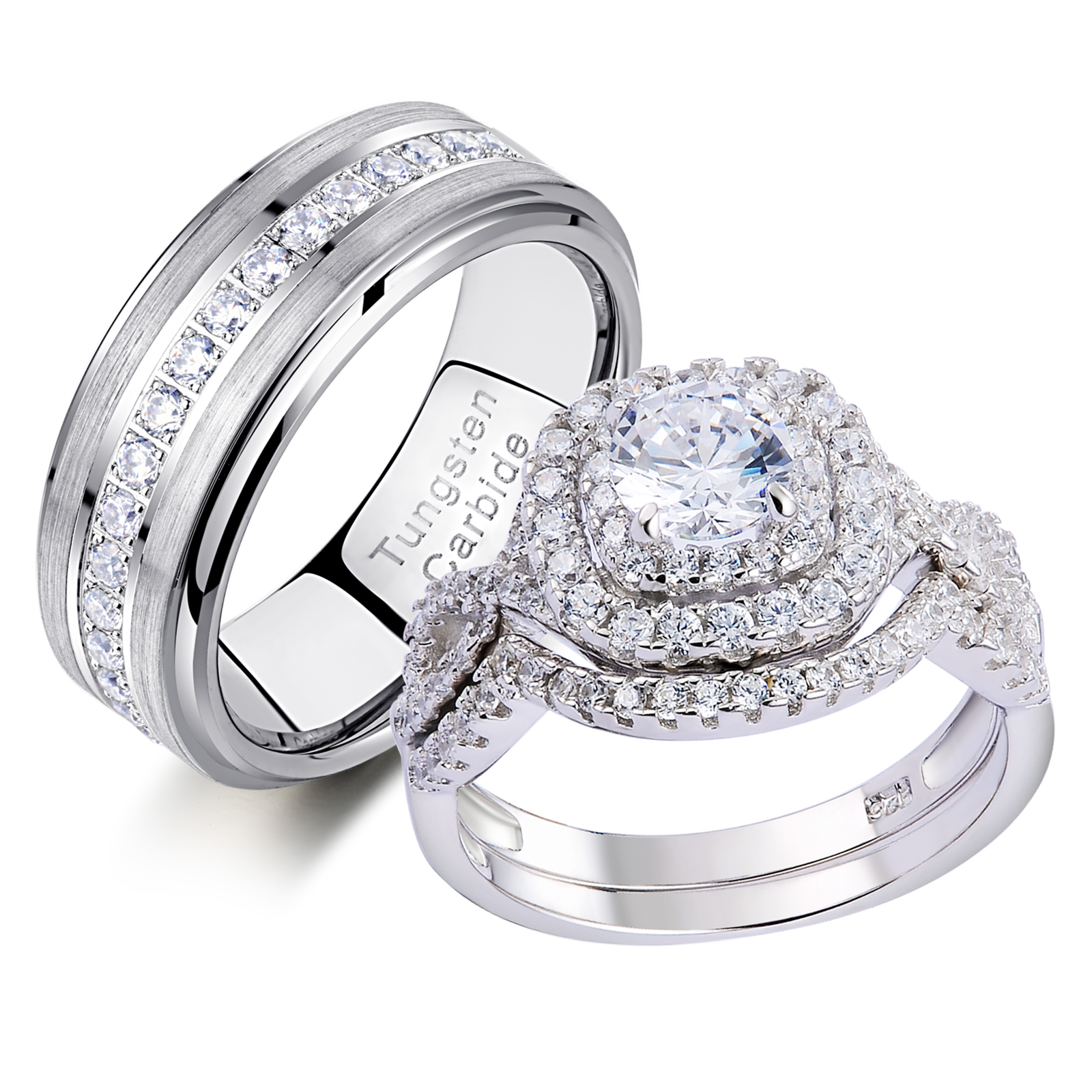 Couple Ring Bridal Set His Hers Women 10k White Gold Filled Heart Garnet CZ Men Tungsten Carbide ...