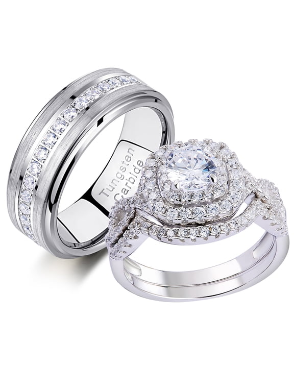 Newshe Wedding Ring Sets for Him and Her Promise Rings for Couple 18k White Gold Plated Mens Tungsten Band Size 8&7