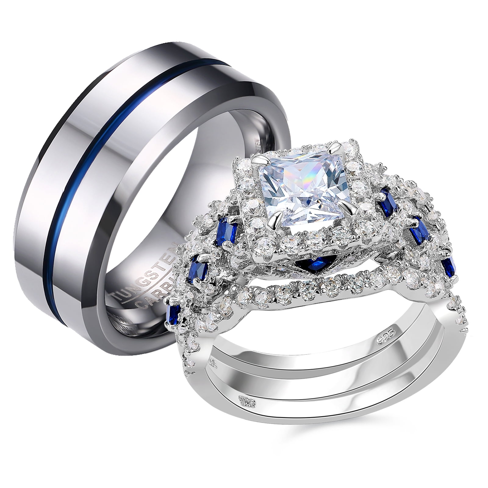 Newshe Wedding Ring Sets for Him and Her Women Mens Tungsten Bands Sterling Silver Couple Cz Size 5-13 (Women's Size 7 & Men's Size 9)