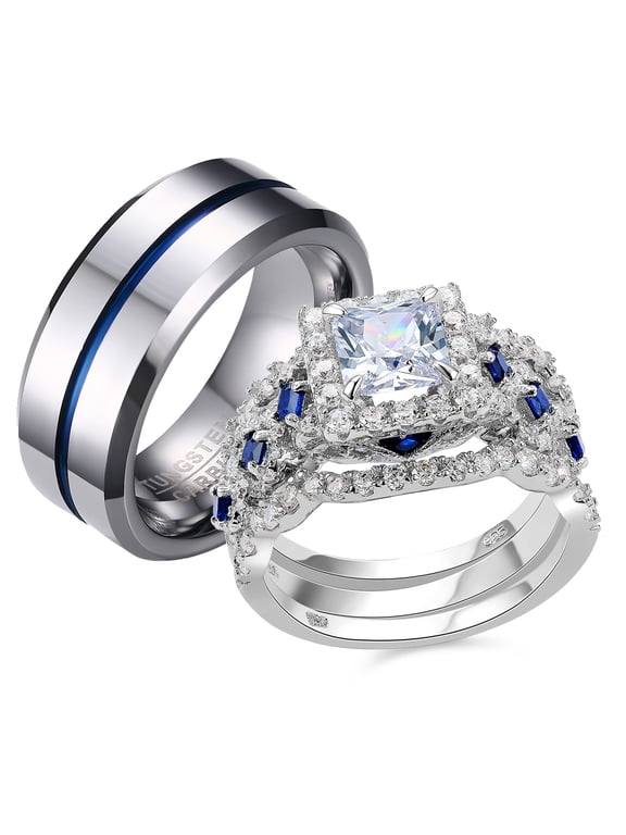 Newshe Wedding Ring Sets for Him and Her Women Mens Tungsten Bands Sterling Silver Couple Cz Size 5-13 (Women's Size 7 & Men's Size 9)