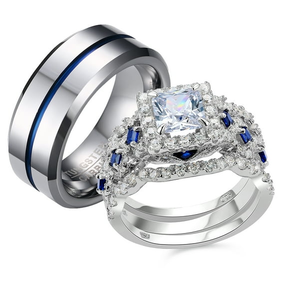 Newshe Wedding Ring Sets for Him and Her Women Mens Tungsten Bands Sterling Silver Couple Cz Size 5-13 (Women's Size 8 & Men's Size 10)