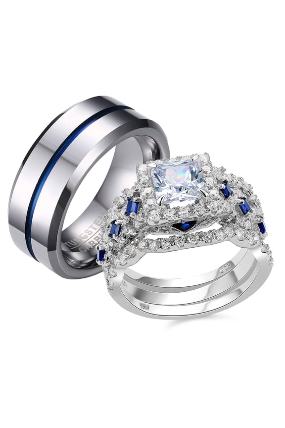 Newshe Wedding Ring Sets for Him and Her Women Mens Tungsten Bands Sterling Silver Couple Cz Size 5-13 (Women's Size 8 & Men's Size 9)