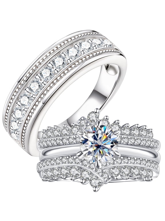 Newshe Moissanite Wedding Rings Set for His and Her Couple VVS1 D Color Engagement Rings for Women and Men Size 6&8
