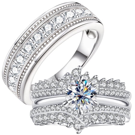 Newshe Wedding Rings Set for His and Her AAAAA Cz Couple Rings 18K White Gold Plated for Women and Mens Size 7&9