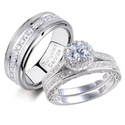 Newshe Wedding Rings Set for His and Hers Mens Tungsten Wedding Bands 3Ct Couple Rings Cz White Gold Plated Size 11&6