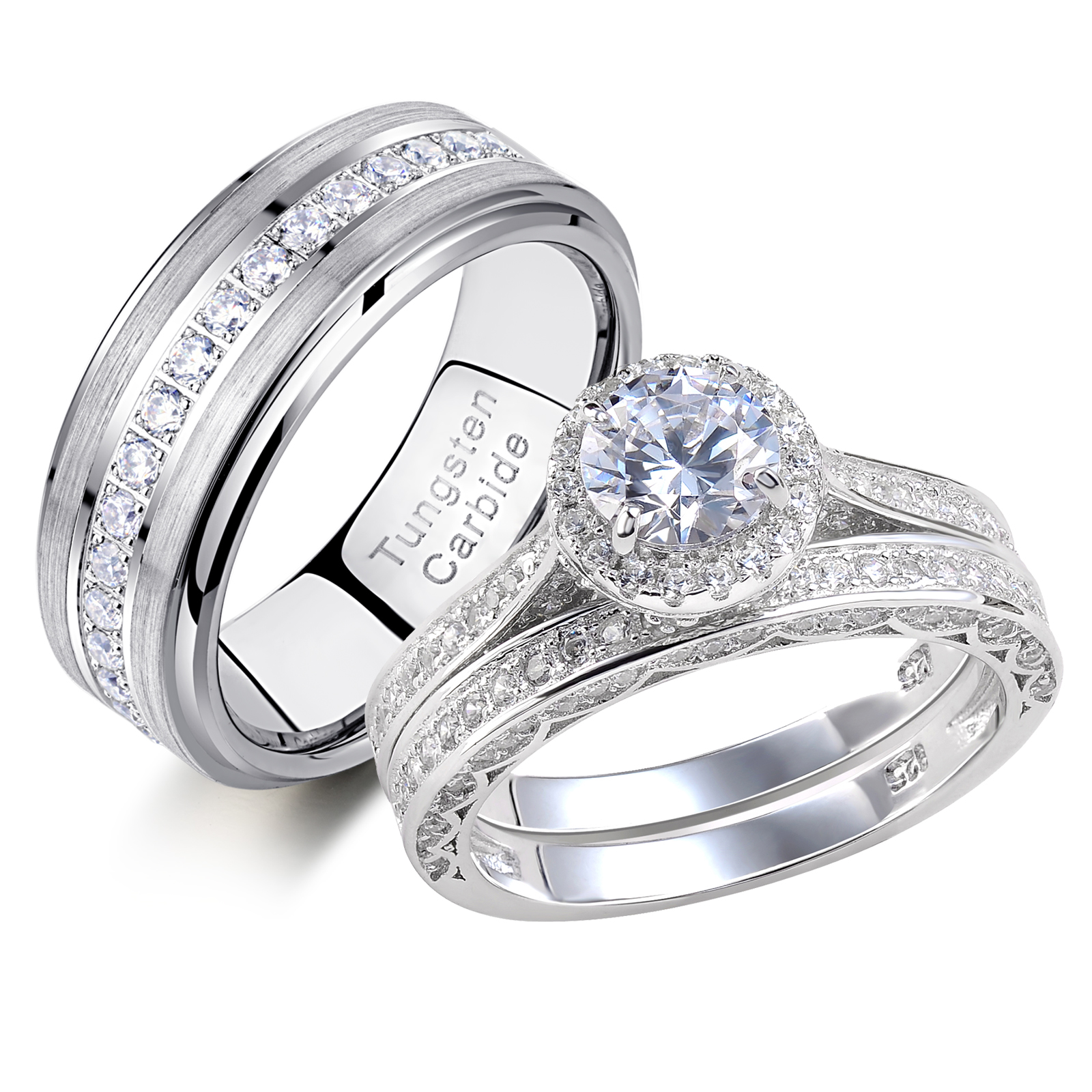 Newshe Wedding Rings Set for His and Hers Women Mens Tungsten Wedding ...