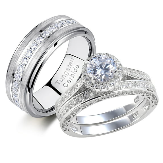 Newshe Wedding Rings Set for His and Hers Women Mens Tungsten Wedding Bands Round Cz 3Ct Sterling Silver 13&7