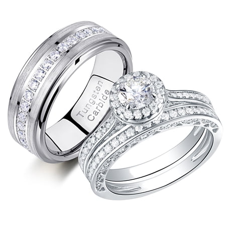 Newshe Wedding Rings Set for His and Hers Women Mens Tungsten Wedding Bands Round Cz 3Ct Couple Rings Size 8&6