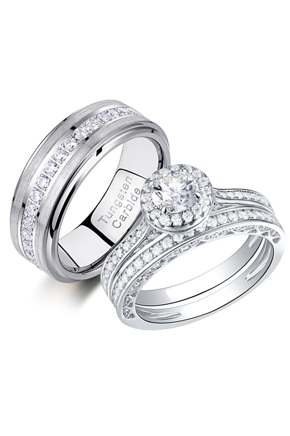 Newshe Wedding Rings Set for His and Hers Women Mens Tungsten Wedding Bands Round Cz 3Ct Couple Rings Size 9&6