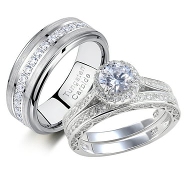 Newshe Wedding Rings Set for His and Hers Women Mens Tungsten Wedding Bands Round Cz 3Ct Sterling Silver 9&7