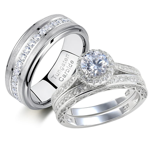Newshe Wedding Rings Set for His and Hers Women Mens Tungsten Wedding ...
