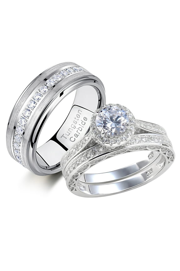 Newshe Wedding Rings Set for His and Hers Women Mens Tungsten Wedding Bands Round Cz 3Ct Sterling Silver 9&7