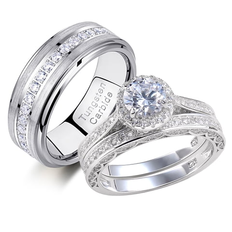 Newshe Wedding Rings Set for His and Hers Mens Tungsten Wedding Bands 3Ct Couple Rings Cz White Gold Plated Size 9&7