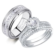 Newshe Wedding Rings Set for His and Hers Women Mens Tungsten Wedding Bands Round Cz 3Ct Couple Rings Size 9&7
