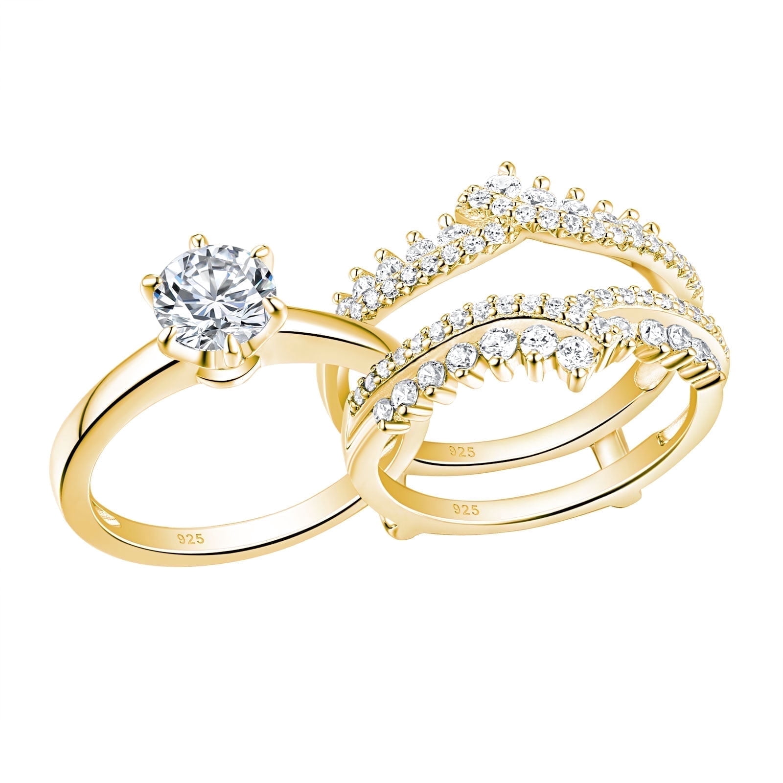 Newshe Jewellery Wedding Rings for Women Ring Enhancer Band Bridal Set Sterling Silver Yellow Gold Plated Cz Size 5.5