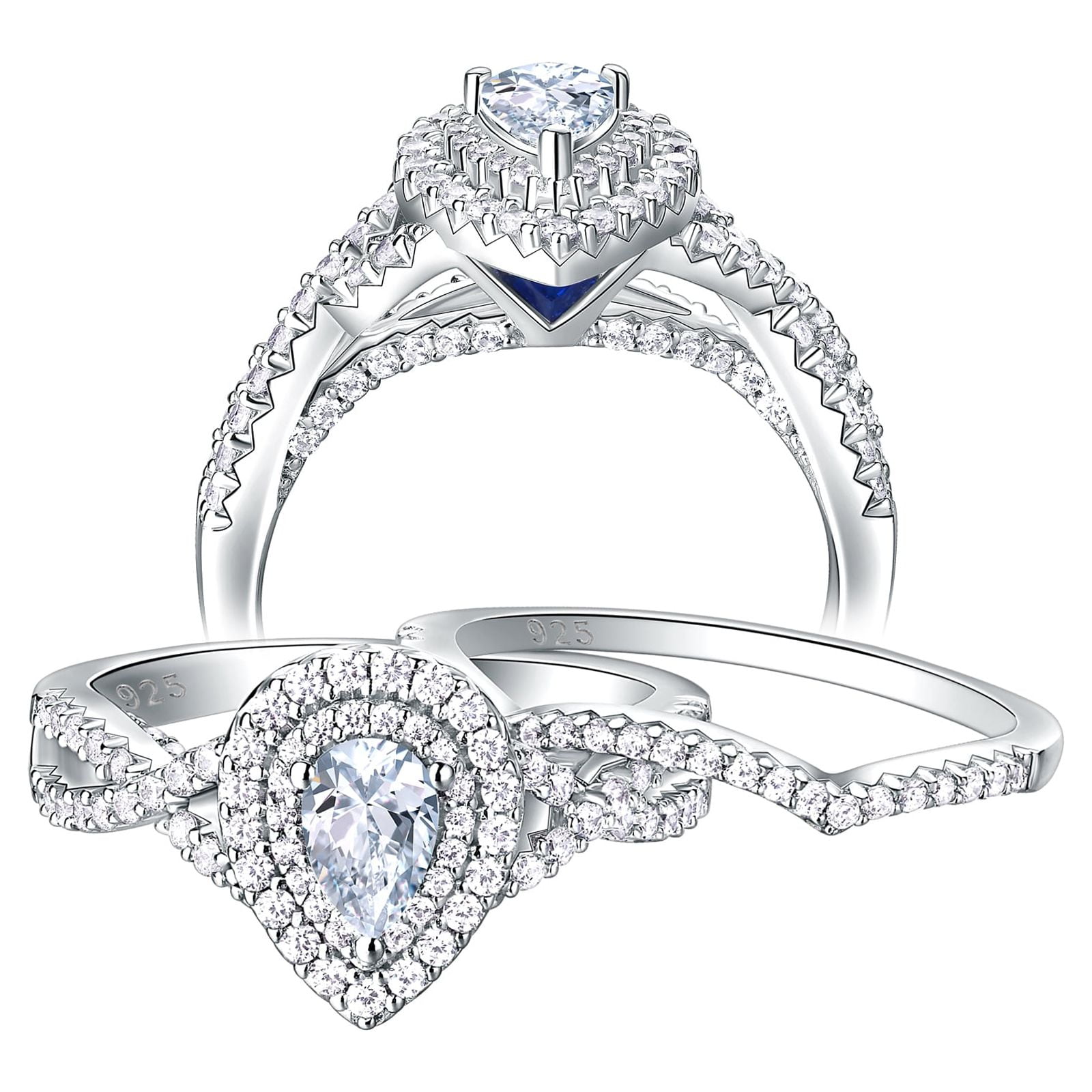Twisted Wedding Ring Set, Bridal Ring Set for Women, Pear Shaped Engagement Ring  Set, Silver CZ Diamond Ring Set, Nature Inspired Ring Set 
