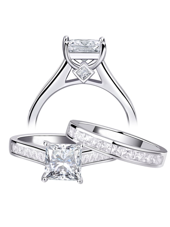 Newshe 4Ct Princess Moissanite Wedding Rings for Women Promise Engagement Ring Sets 18k White Gold Plated Size 9