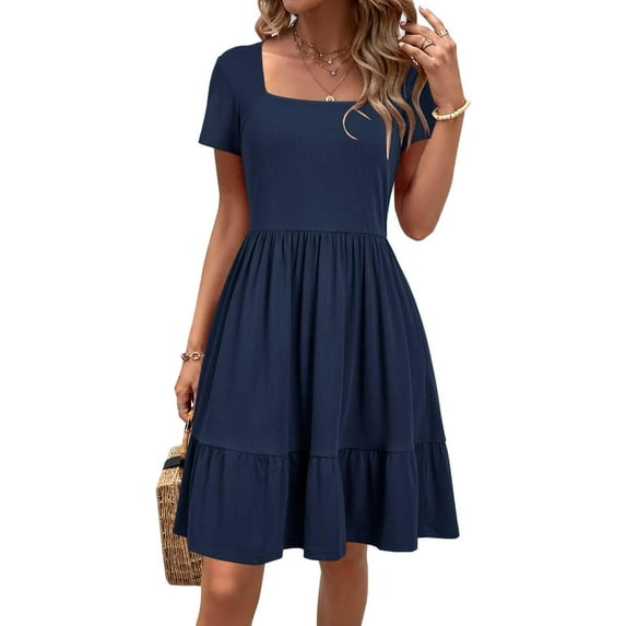 Newshows Womens 2024 Summer Dress Short Sleeve Square Neck Dresses Casual Beach Vacation A-Line Ruffle Sundress with Pockets