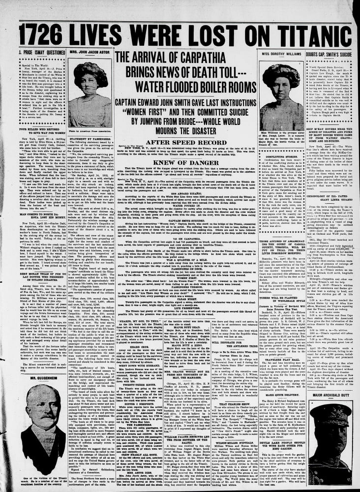 Newspaper Devils Lake Weekly World 26 April 1912 1726 lives lost on Titanic Canvas Art - (18 x 24)